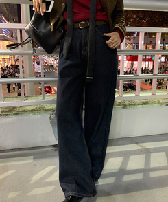 【起毛】ループワイドデニムパンツ Blue Black