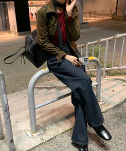 【起毛】ループワイドデニムパンツ Blue Black