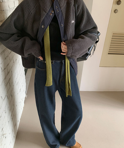 【起毛】ループワイドデニムパンツ Blue Black