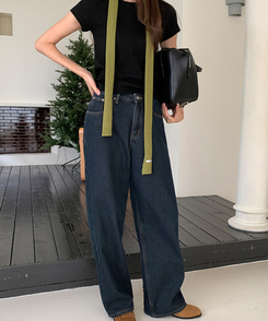 【起毛】ループワイドデニムパンツ Blue Black