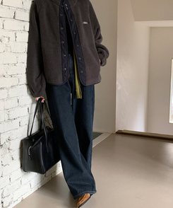 【起毛】ループワイドデニムパンツ Blue Black