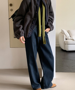 【起毛】ループワイドデニムパンツ Blue Black