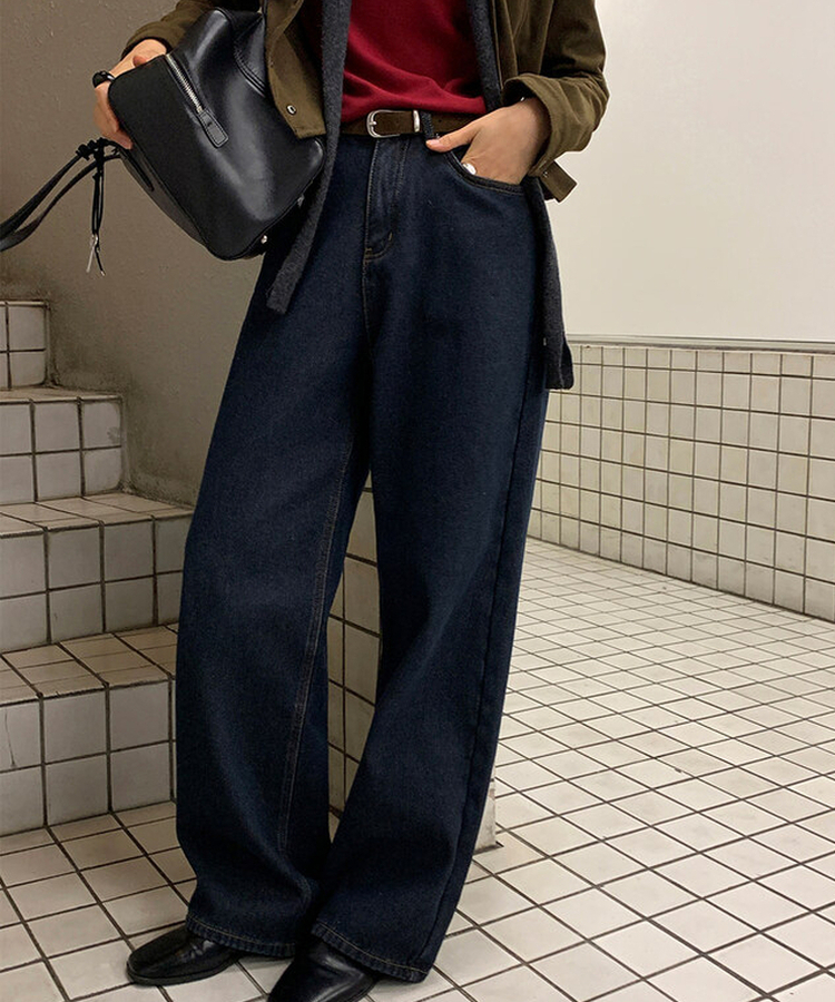 【起毛】ループワイドデニムパンツ Blue Black