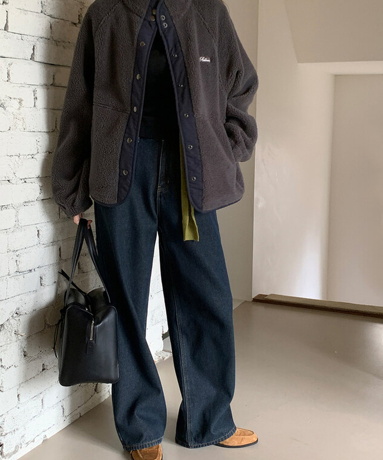 【起毛】ループワイドデニムパンツ Blue Black