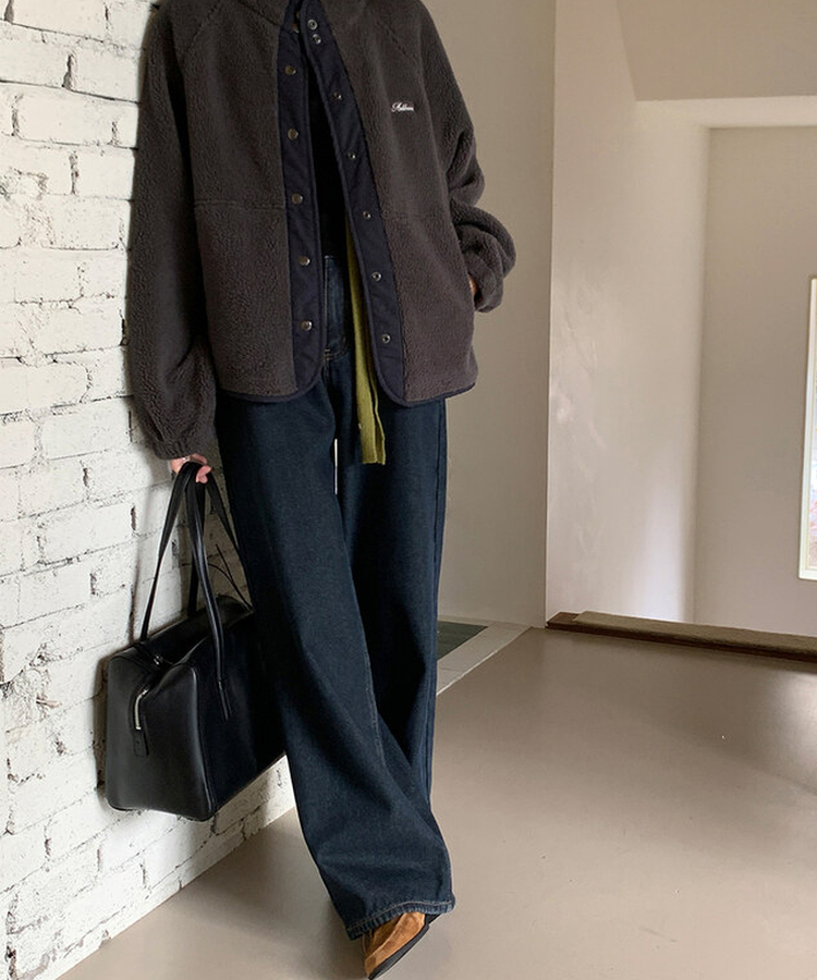【起毛】ループワイドデニムパンツ Blue Black
