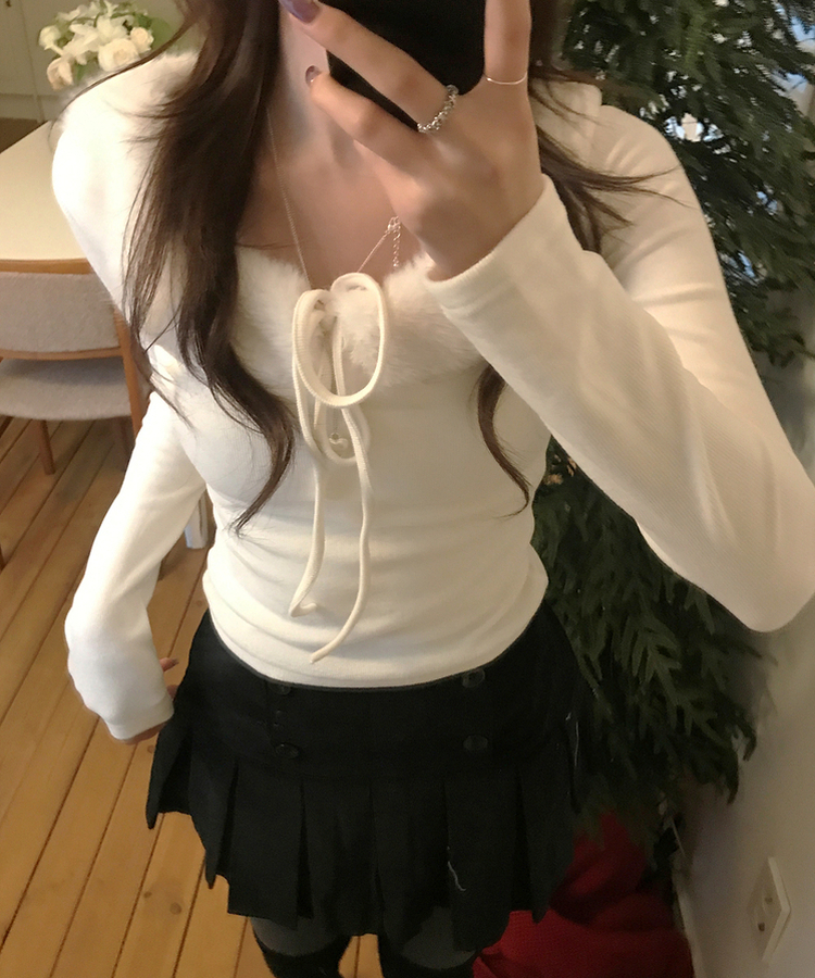 ラビットファーリボン長袖Tシャツ IVORY