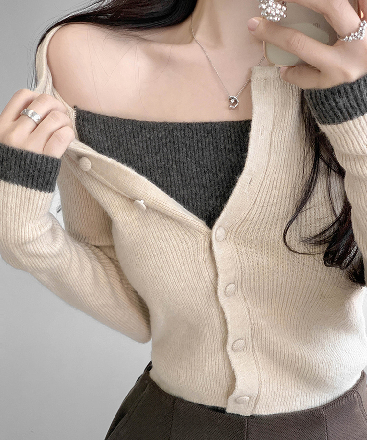 バイカラーレイヤードカーディガン(5color) BEIGE