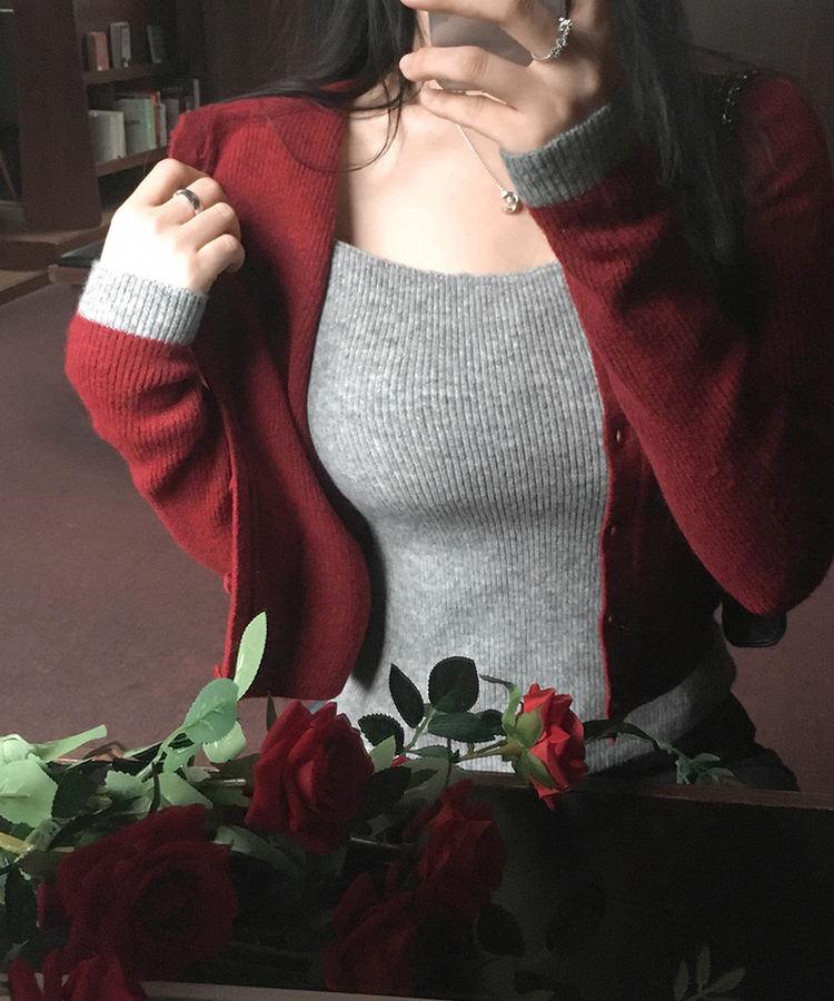 バイカラーレイヤードカーディガン(5color) RED