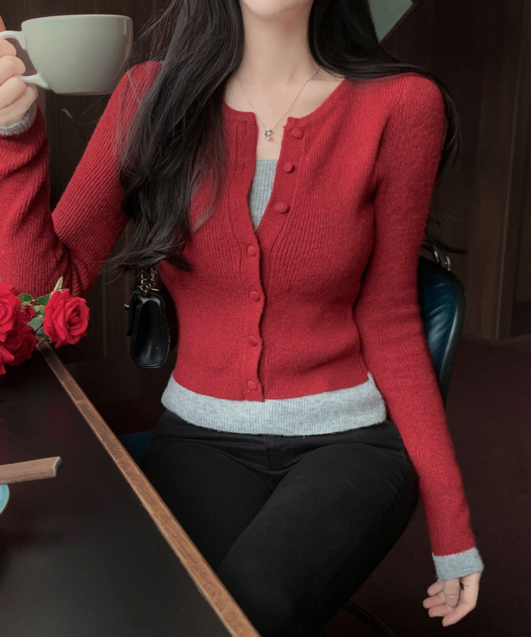 バイカラーレイヤードカーディガン(5color) RED