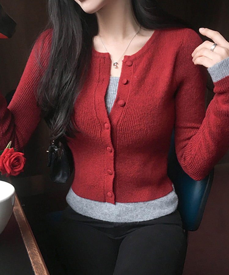 バイカラーレイヤードカーディガン(5color) RED