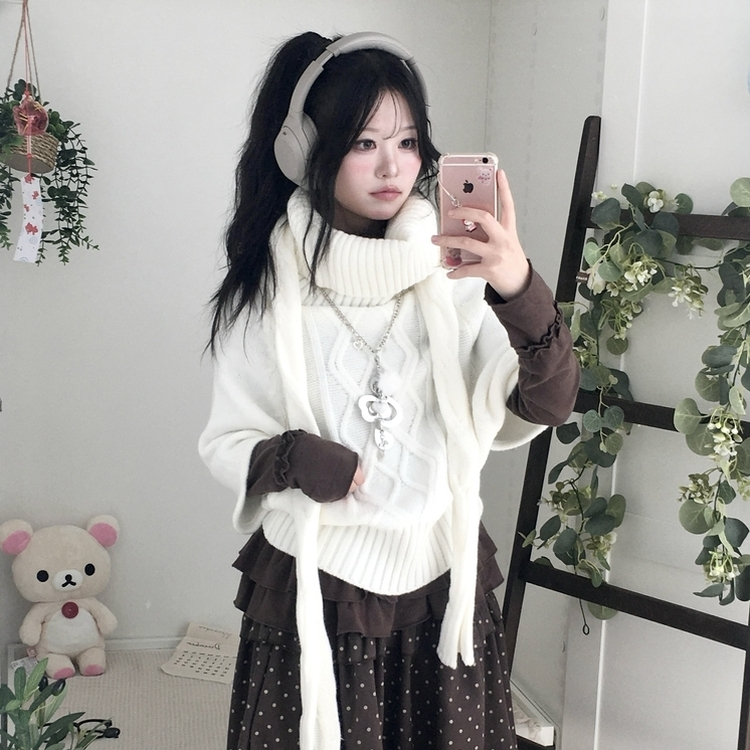 윈터 달빛천사 꽈배기 빈티지 대장 모리걸 판초 터틀넥 케이프 망토 니트 목도리 아이보리