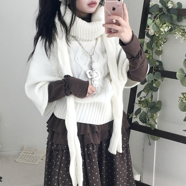 윈터 달빛천사 꽈배기 빈티지 대장 모리걸 판초 터틀넥 케이프 망토 니트 목도리 아이보리