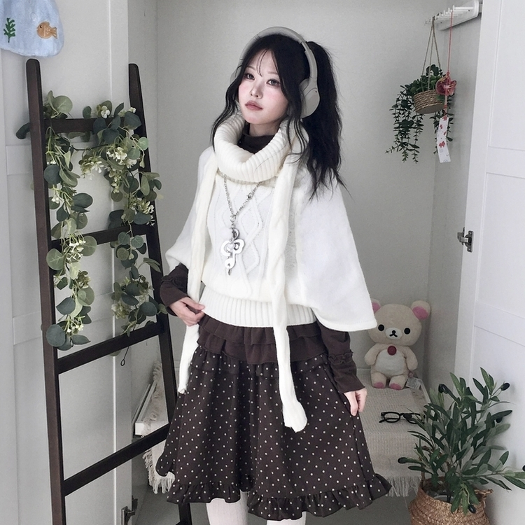 윈터 달빛천사 꽈배기 빈티지 대장 모리걸 판초 터틀넥 케이프 망토 니트 목도리 아이보리