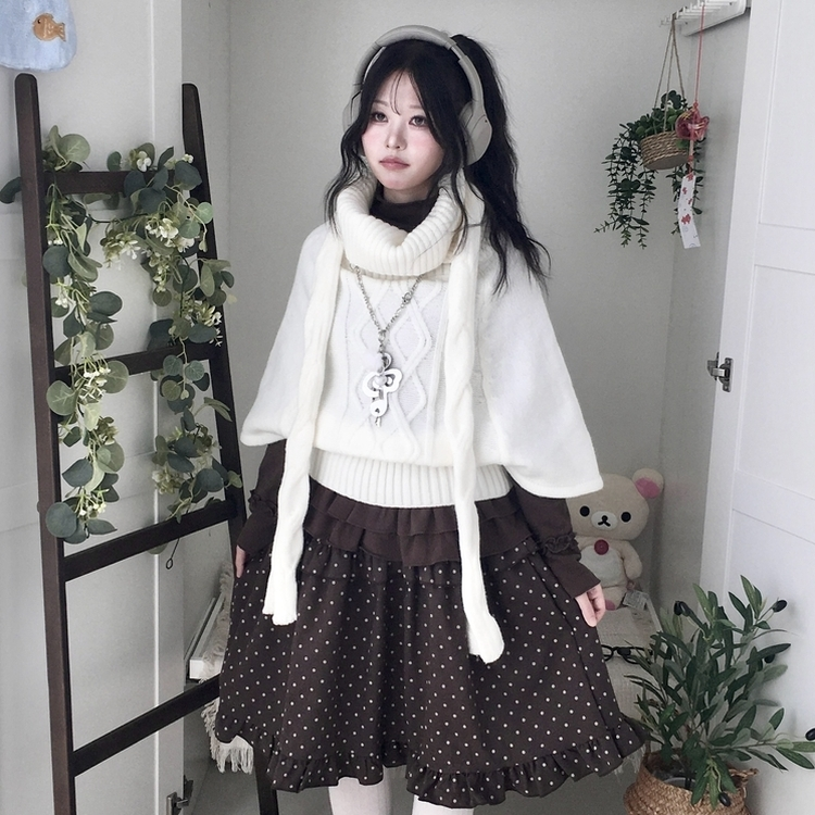 윈터 달빛천사 꽈배기 빈티지 대장 모리걸 판초 터틀넥 케이프 망토 니트 목도리 아이보리