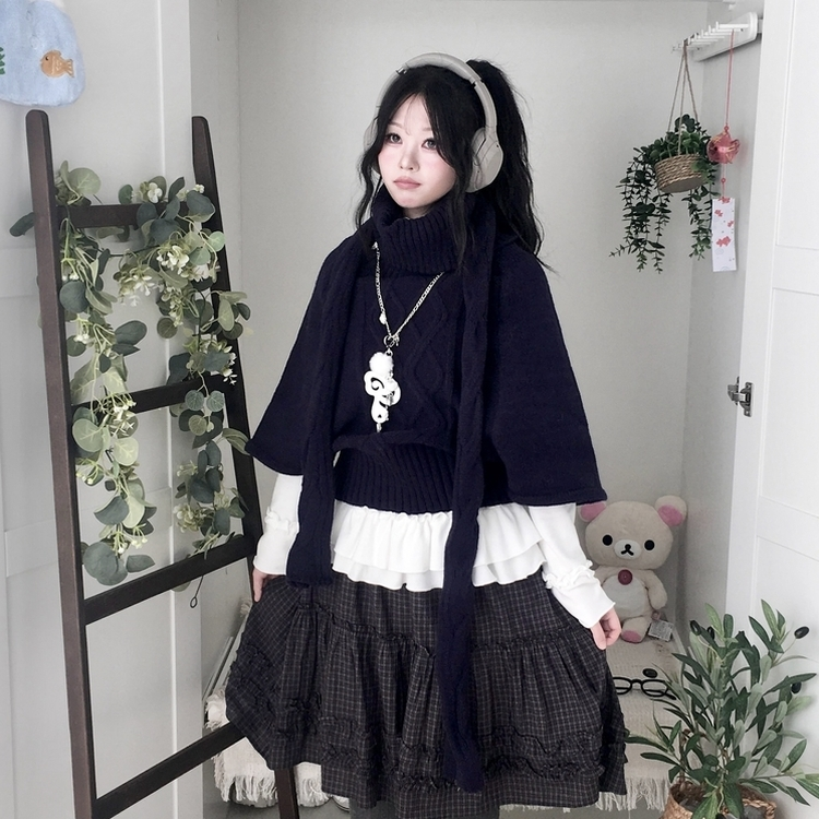 윈터 달빛천사 꽈배기 빈티지 대장 모리걸 판초 터틀넥 케이프 망토 니트 목도리 네이비