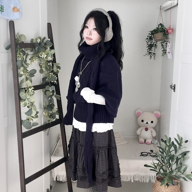 윈터 달빛천사 꽈배기 빈티지 대장 모리걸 판초 터틀넥 케이프 망토 니트 목도리 네이비