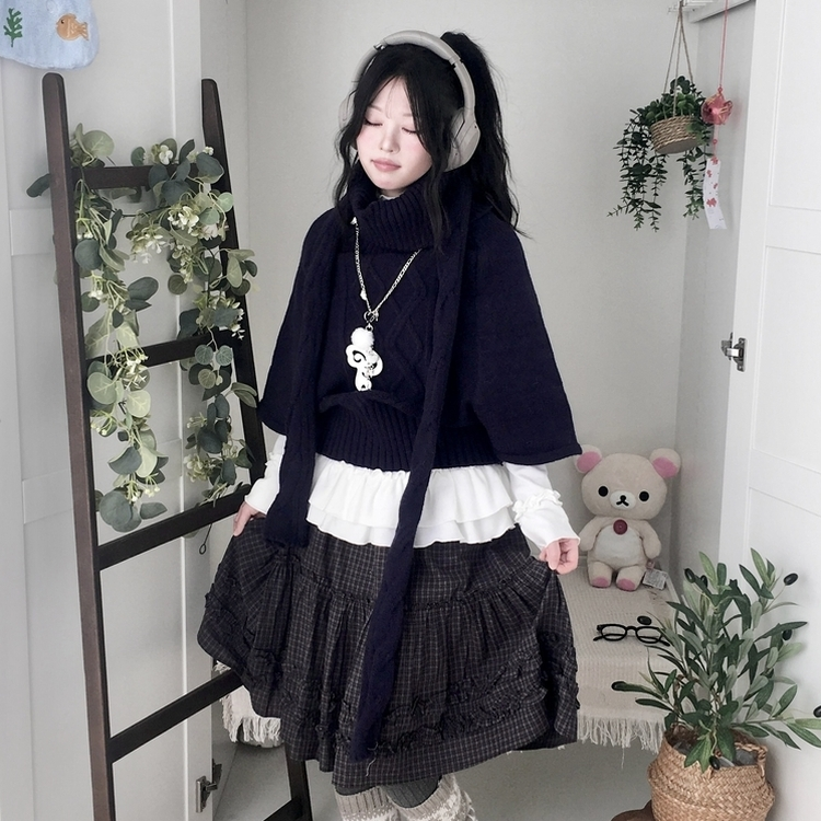 윈터 달빛천사 꽈배기 빈티지 대장 모리걸 판초 터틀넥 케이프 망토 니트 목도리 네이비