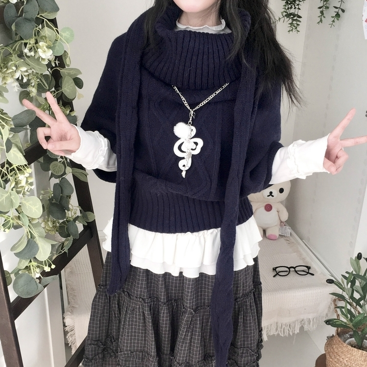 윈터 달빛천사 꽈배기 빈티지 대장 모리걸 판초 터틀넥 케이프 망토 니트 목도리 네이비