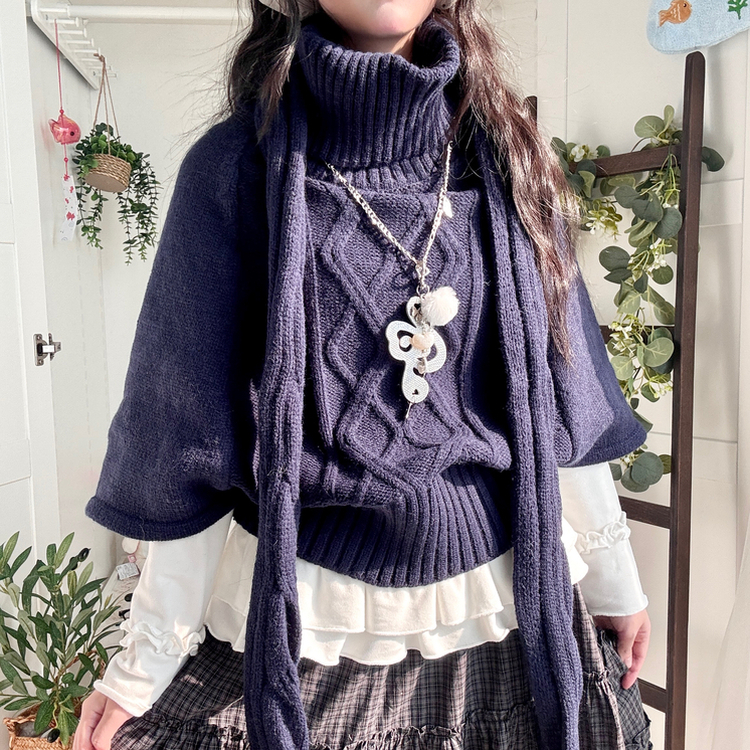 윈터 달빛천사 꽈배기 빈티지 대장 모리걸 판초 터틀넥 케이프 망토 니트 목도리 네이비