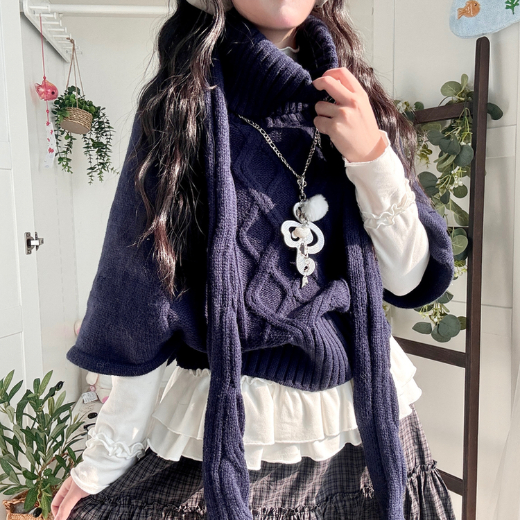 윈터 달빛천사 꽈배기 빈티지 대장 모리걸 판초 터틀넥 케이프 망토 니트 목도리 네이비
