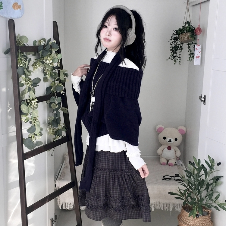 윈터 달빛천사 꽈배기 빈티지 대장 모리걸 판초 터틀넥 케이프 망토 니트 목도리 네이비