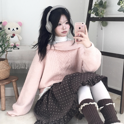 울6 러블리 리본 꽈배기 빈티지 레이어드 오프숄더 오버핏 니트 핑크