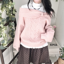 울6 러블리 리본 꽈배기 빈티지 레이어드 오프숄더 오버핏 니트 핑크