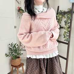 울6 러블리 리본 꽈배기 빈티지 레이어드 오프숄더 오버핏 니트 핑크