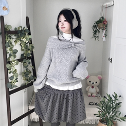 울6 러블리 리본 꽈배기 빈티지 레이어드 오프숄더 오버핏 니트 그레이