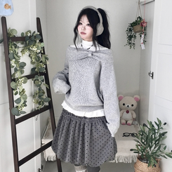 울6 러블리 리본 꽈배기 빈티지 레이어드 오프숄더 오버핏 니트 그레이