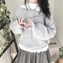 울6 러블리 리본 꽈배기 빈티지 레이어드 오프숄더 오버핏 니트 그레이