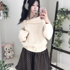 울6 러블리 리본 꽈배기 빈티지 레이어드 오프숄더 오버핏 니트 아이보리