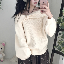 울6 러블리 리본 꽈배기 빈티지 레이어드 오프숄더 오버핏 니트 아이보리