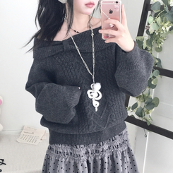 울6 러블리 리본 꽈배기 빈티지 레이어드 오프숄더 오버핏 니트 차콜
