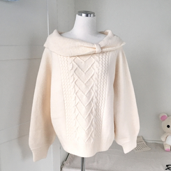 울6 러블리 리본 꽈배기 빈티지 레이어드 오프숄더 오버핏 니트