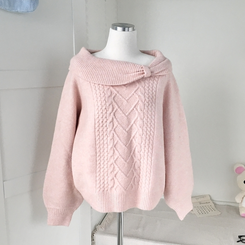 울6 러블리 리본 꽈배기 빈티지 레이어드 오프숄더 오버핏 니트