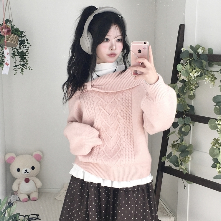 울6 러블리 리본 꽈배기 빈티지 레이어드 오프숄더 오버핏 니트 핑크