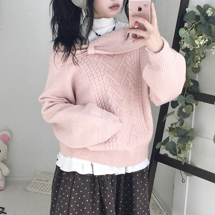 울6 러블리 리본 꽈배기 빈티지 레이어드 오프숄더 오버핏 니트 핑크