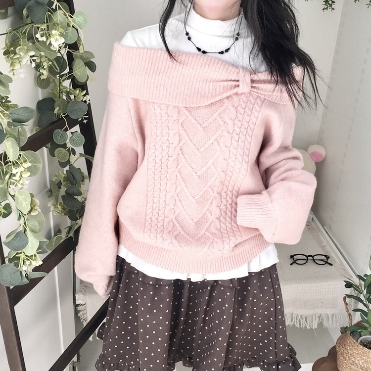 울6 러블리 리본 꽈배기 빈티지 레이어드 오프숄더 오버핏 니트 핑크