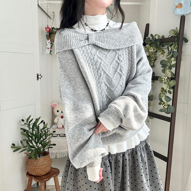 울6 러블리 리본 꽈배기 빈티지 레이어드 오프숄더 오버핏 니트 그레이