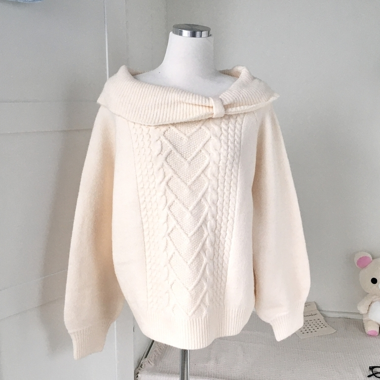 울6 러블리 리본 꽈배기 빈티지 레이어드 오프숄더 오버핏 니트