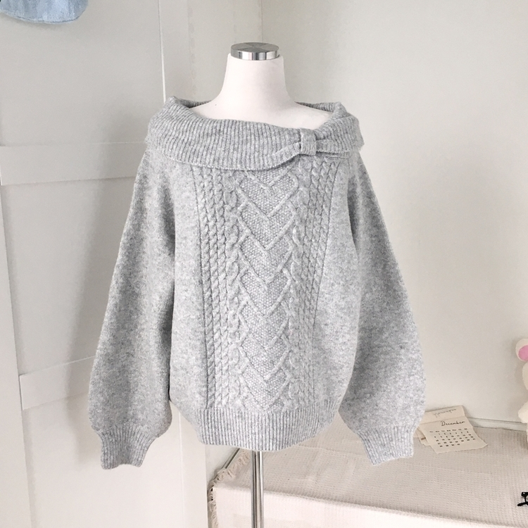 울6 러블리 리본 꽈배기 빈티지 레이어드 오프숄더 오버핏 니트