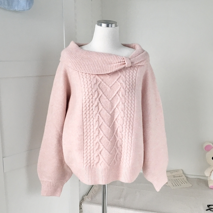 울6 러블리 리본 꽈배기 빈티지 레이어드 오프숄더 오버핏 니트