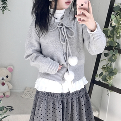 아이시 리본폼폼 솜뭉 긴팔 카라 니트 가디건 그레이