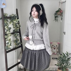 아이시 리본폼폼 솜뭉 긴팔 카라 니트 가디건 그레이