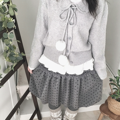 아이시 리본폼폼 솜뭉 긴팔 카라 니트 가디건 그레이