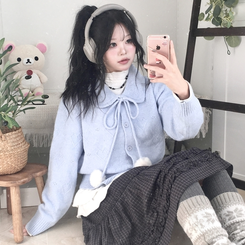 아이시 리본폼폼 솜뭉 긴팔 카라 니트 가디건 소라