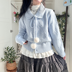 아이시 리본폼폼 솜뭉 긴팔 카라 니트 가디건 소라