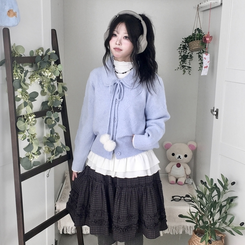 아이시 리본폼폼 솜뭉 긴팔 카라 니트 가디건 소라