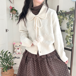아이시 리본폼폼 솜뭉 긴팔 카라 니트 가디건 아이보리